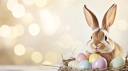 Poster - Charming bunny sitting next to decorative Easter eggs in a natural nest with lovely bokeh lighting : Generative AI