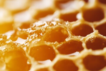 Poster - Magnified view of honeycomb filled with glistening honey droplets and intricate patterns : Generative AI