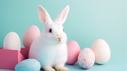 Poster - Sweet White Bunny Posing Jazzily with Soft Pink and Blue Easter Eggs in a Festive Arrangement : Generative AI