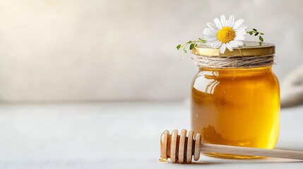 Poster - Elegant jar of honey topped with a daisy and a wooden dipper on a bright light background : Generative AI