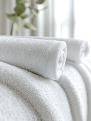 Aufkleber - Rolled white towels stacked neatly showcasing the intricate texture and plush material in natural light : Generative AI