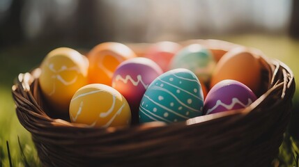Aufkleber - Vividly Colored Easter Eggs in a Rustic Basket Wrapped in Soft Natural Illumination : Generative AI