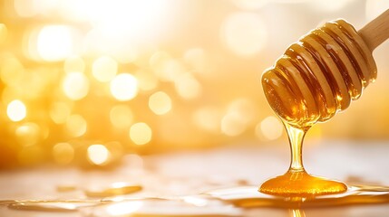 Poster - Delicious golden honey dripping from a wooden dipper against a warm blurred background : Generative AI