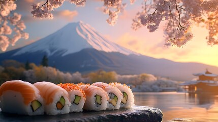 Sushi with mountain view and cherry blossoms in Japan, against a warm sunset sky and peaceful waters.