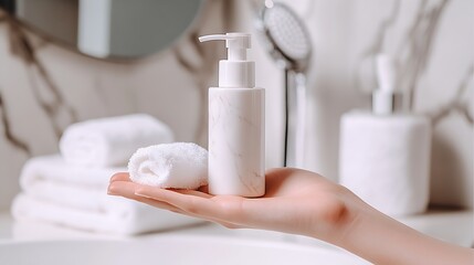 Poster - White marble cosmetic bottle in hand surrounded by luxurious towels in elegant bathroom : Generative AI