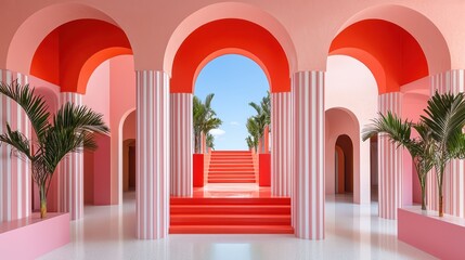 Poster - Modern Interior Design with Arches and Tropical Elements in Pink