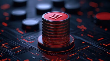 Poster - Modern Digital Currency Concept with Red Coins and Circuit Board