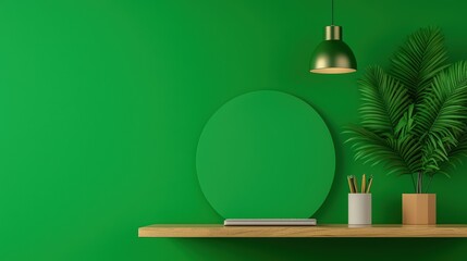 Poster - Modern Desk Setup with Green Wall, Plant, and Minimalist Decor