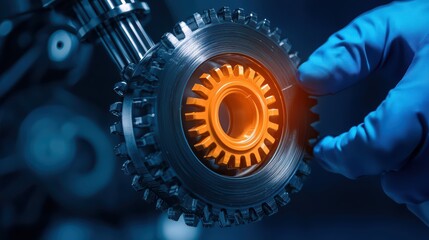 Poster - Close-Up of a Hand Holding a Mechanical Gear with Orange Highlight
