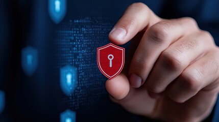 Poster - Hand Holding a Red Shield Icon Representing Data Security Concept