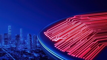 Poster - Futuristic Circuit Board on City Background with Neon Lights