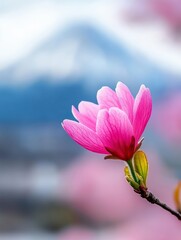 Wall Mural - Pink magnolia flower blooming against a blurred mountain backdrop, showcasing nature's beauty and tranquility, floral beauty concept