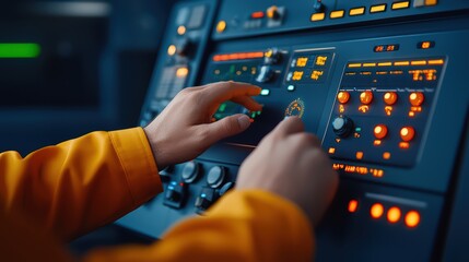 Poster - Close-up of Hand Operating Control Panel with Bright Buttons and Dials