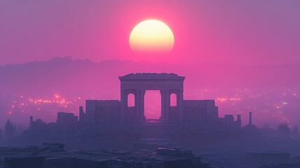 Canvas Print - Stunning Pink Sunset Over Iconic Ruins Landscape Silhouette with Glowing Sun and Misty Horizon, Capturing Breathtaking Historic Architecture and Nature Harmony