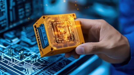 Poster - Person Holding Advanced Computer Chip Over Circuit Board Background