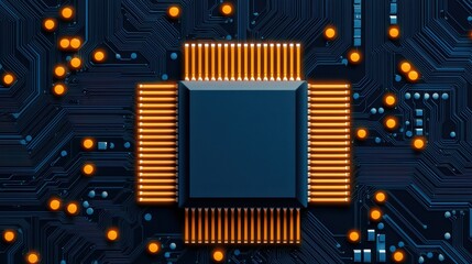 Poster - Modern Digital Circuitry with Central Processing Unit on Blue Background