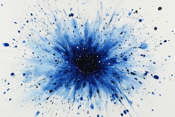 Poster - A vibrant blue abstract painting with splashes and dots on a white background.