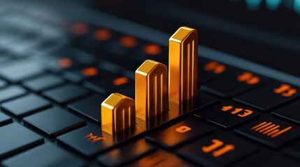 Poster - Golden Bar Graph on Laptop Keyboard Displaying Financial Growth