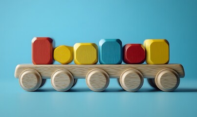 Poster - Wooden Toy Train with Colorful Blocks on a Solid Light Blue Background