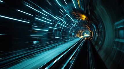 Poster - Futuristic Blue Light Tunnel Speed Motion Abstract Background Digital Art Graphic Design Modern Technology Transportation Railway Subway Train Travel 