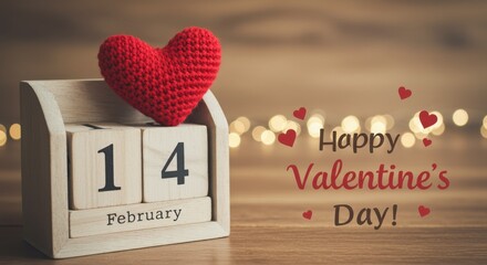Poster - A wooden calendar with the date 14 February the text Happy Valentine's Day! and a small red heart shaped knitted object placed on it 14 February calendar date A image with a soft blurred background
