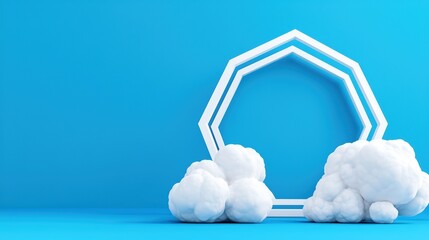 Poster - Bright Blue Background with Clouds and Geometric White Frame