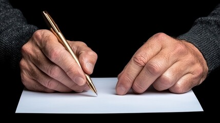 Poster - Close-Up of Hands Writing with a Pen on Blank Paper Background