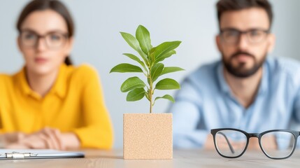 Poster - Business Partners in Modern Office with Plant in Focused Background