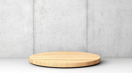 Poster - Round Wooden Display Platform on Minimalist Concrete Background
