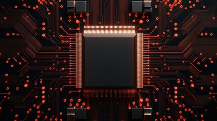 Poster - High-Tech Microchip with Red Circuit Board Background Design