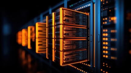 Poster - Data Center with Illuminated Server Racks in a High-Tech Environment