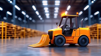 Poster - Bright Orange Forklift with Loader Attachment in Industrial Warehouse