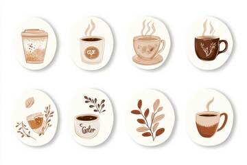 Poster - stickers featuring artistic coffee cups and beans perfect for coffee lovers and culinary enthusiasts. Generative AI