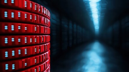 Poster - Modern Data Center with Red Server Rack on Network Background