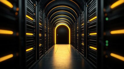 Poster - Dimly Lit Server Room with Futuristic Yellow Lighting Effects
