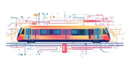 Poster - Metro train illustration displaying subway layout and public transport connections in an urban area. Generative AI