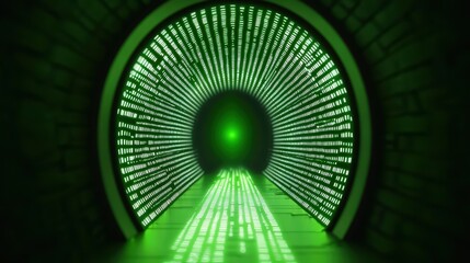 Poster - Digital Tunnel with Glowing Green Light and Binary Code Effect