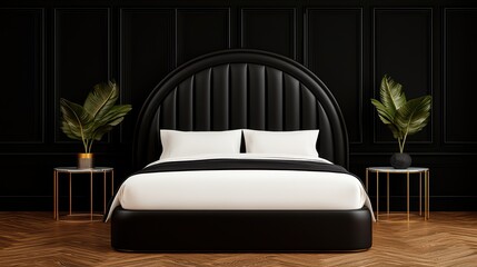 Poster - Luxurious Modern Bedroom with Black Upholstered Bed and Green Plants