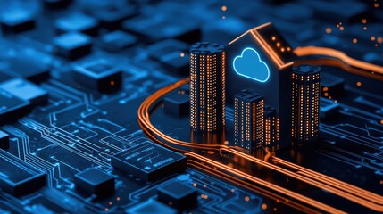 Poster - digital cloud computing concept with cityscape and circuit board