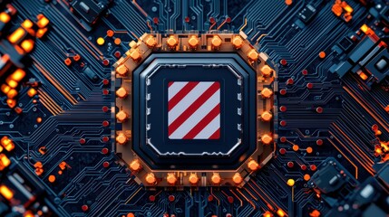 Poster - High-Tech Microchip on Blue Circuit Board with Bright Lighting Effects