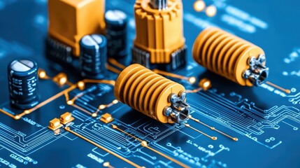Poster - Close-Up of Electronic Components on a Circuit Board with Blue Design