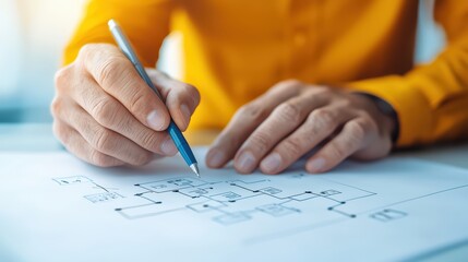 Poster - Hand Holding Pen Drawing Flowchart on Paper with Yellow Shirt