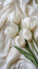 Wall Mural - White tulips placed on creamy cotton fabric, subtle wrinkles adding texture, and petals softly touching the edge of the frame. Vertical social media footage. Women's day, Mother's day, spring