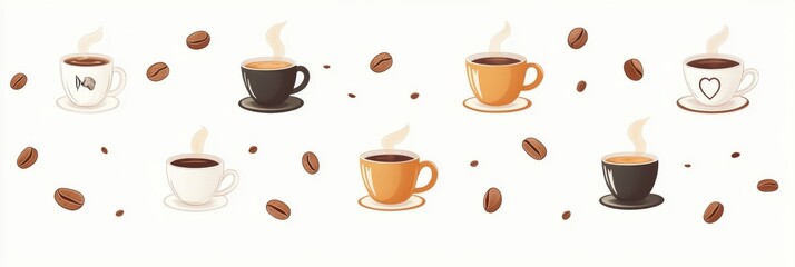 Aufkleber - Colorful style stickers of coffee cups and beans perfect for design projects and coffee lovers. Generative AI