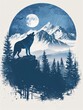 © Margarita Ratatosk - Howling wolf silhouette against full moon and mountains landscape at night. Mystic winter forest scenery for for t-shirt design, print, poster