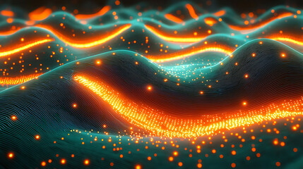 Poster - Abstract teal and orange glowing particle wave background.  Perfect for tech, science, AI, and data visualization projects.  Creates a futuristic, energetic, and dynamic visual.