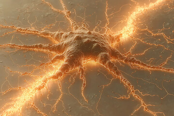 Poster - stunning 3d rendering of a neuron firing, showcasing intricate details glowing neural pathways. idea