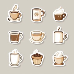 Aufkleber - Creative style stickers featuring various coffee cups and coffee beans in a minimal design. Generative AI