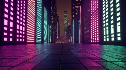 Fototapete - A futuristic cityscape enveloped in a technological digital background, filled with data