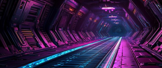 Poster - A 3D abstract neon background featuring blue and yellow square frames in sequence, with elements of glowing light and holographic technology, symbolizing the ultraviolet spectrum. This setup serves